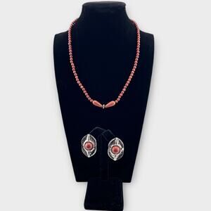 Silver & Red Coral Necklace & Earrings Set